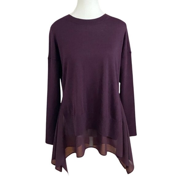 ALLSAINTS LIBBY PLUM 100% MERINO WOOL CONTRAST CHIFFON HEM SWEATER TOP - XS - Picture 2 of 11